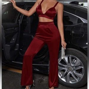 New Burgundy Red Satin High Waist Dress Pants & Cami Back Tie Top Set